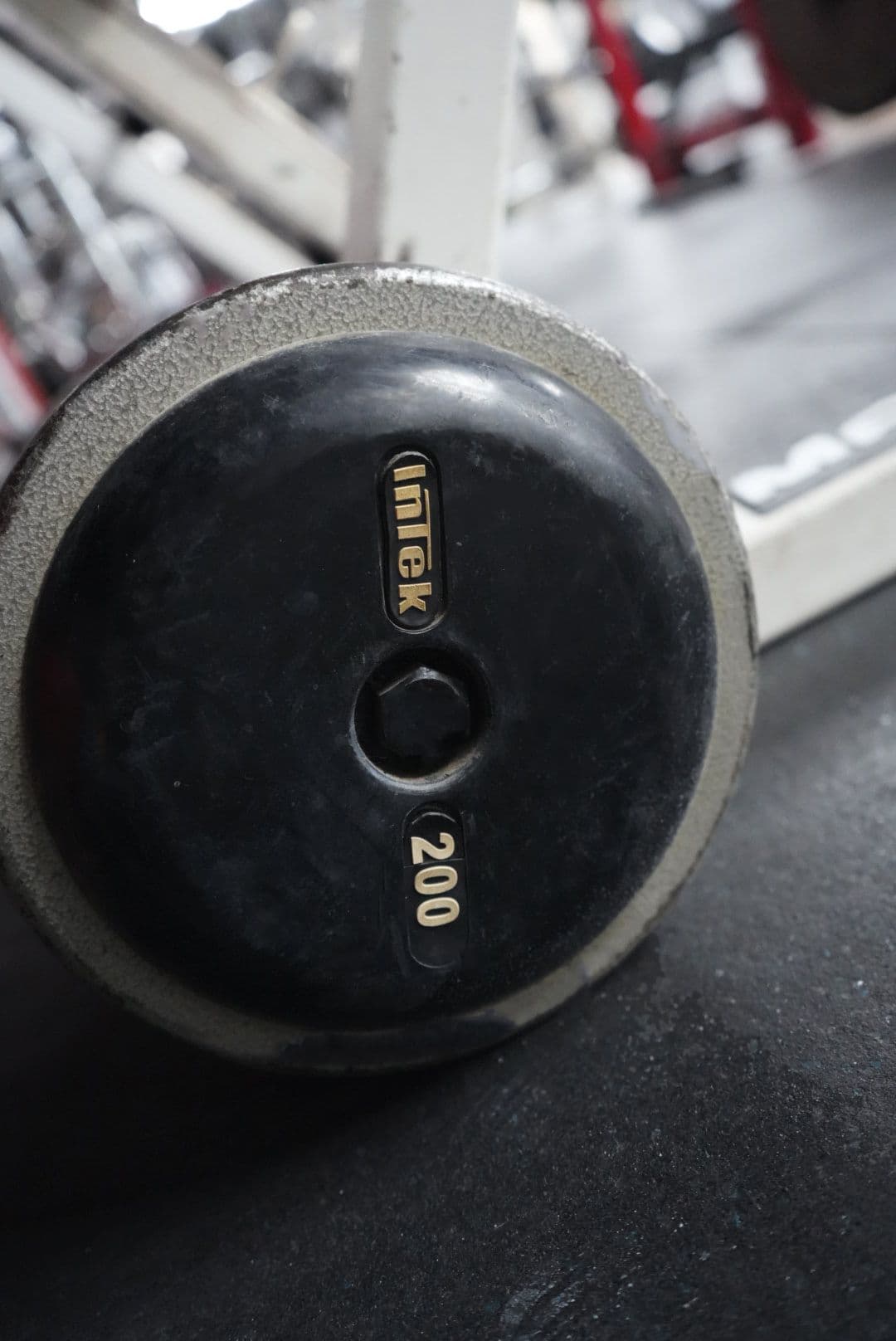 200lb Intek weight plate on the free-weight floor